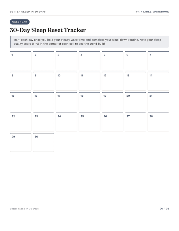 Workbook page: 30-day sleep reset tracker